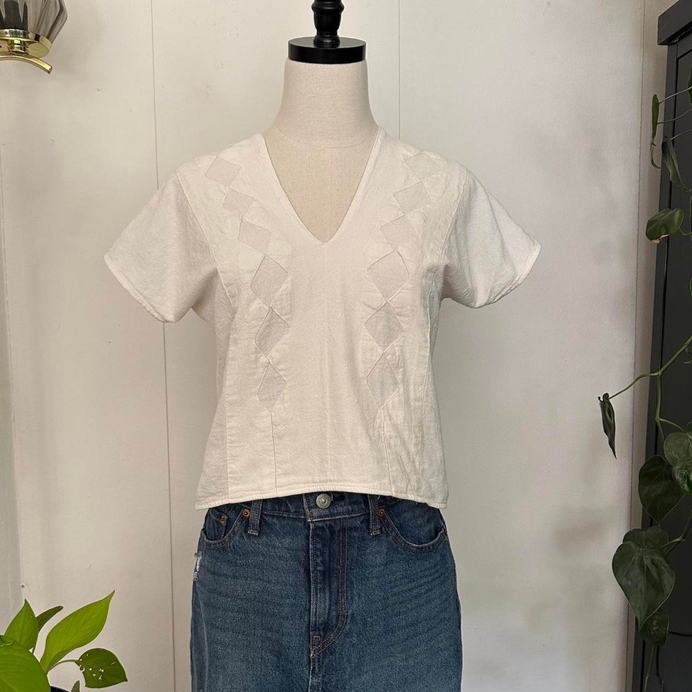 Women Cotton Off White Cropped V-Neck Diamond Pattern Hippie Festival Top M